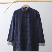 Buddha Stones Chinese New Year Jacquard Embroidery Solid Color Cuff Frog-button Tang Suit Cotton Men's Jacket Shirt With Pockets Men's Jacket Shirt BS DarkBlue US/UK/AU44，EU54 (4XL)