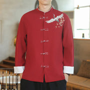 Buddha Stones Chinese New Year Flying Crane Embroidery Frog-button Tang Suit Cotton Men's Jacket Shirt Men's Jacket Shirt BS Crimson US/UK/AU46，EU56 (5XL)