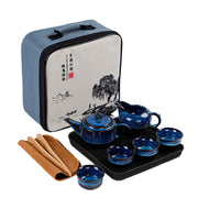 Buddha Stones Blue Gradient Color Chinese Gongfu Tea Ceramic Teapot Portable Gift Bag Box Set