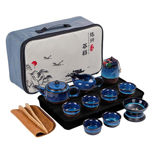 Buddha Stones Blue Gradient Color Chinese Gongfu Tea Ceramic Teapot Portable Gift Bag Box Set