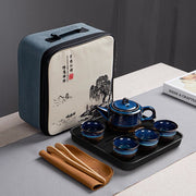 Buddha Stones Blue Gradient Color Chinese Gongfu Tea Ceramic Teapot Portable Gift Bag Box Set