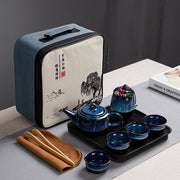 Buddha Stones Blue Gradient Color Chinese Gongfu Tea Ceramic Teapot Portable Gift Bag Box Set