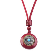 Buddha Stones Natural Cinnabar Six True Words 'Om Mani Padme Hum' Braided String Blessing Key Chain Necklace Pendant