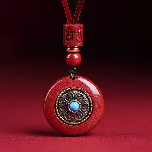 Buddha Stones Natural Cinnabar Six True Words 'Om Mani Padme Hum' Braided String Blessing Key Chain Necklace Pendant Necklaces & Pendants BS Cinnabar Om Mani Padme Hum Necklace