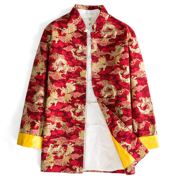 Buddha Stones Chinese New Year Golden Auspicious Clouds Frog-button Tang Suit Cotton Men's Jacket Shirt With Pockets Men's Jacket Shirt BS Red US/UK/AU44，EU54 (4XL)