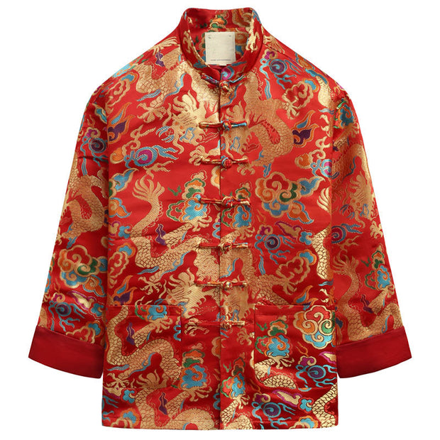 Buddha Stones Chinese New Year Dragon Embroidery Auspicious Clouds Frog-button Tang Suit Men's Jacket Shirt Men's Jacket Shirt BS Crimson US/UK/AU44，EU54 (4XL)