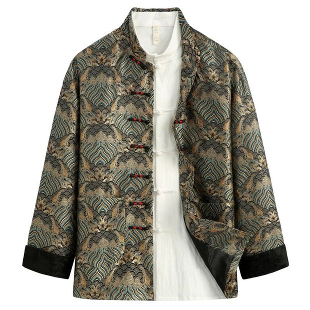 Buddha Stones Chinese New Year Jacquard Damask Seawater Pattern Frog-button Tang Suit Men's Jacket Shirt With Pockets Men's Jacket Shirt BS OliveDrab US/UK/AU44，EU54 (4XL)