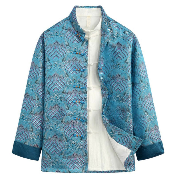 Buddha Stones Chinese New Year Jacquard Damask Seawater Pattern Frog-button Tang Suit Men's Jacket Shirt With Pockets Men's Jacket Shirt BS DeepSkyBlue US/UK/AU44，EU54 (4XL)