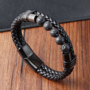 Buddha Stones Lava Rock Frosted Stone Healing Leather Magnetic Buckle Bracelet Bracelet BS 2