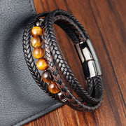 Buddha Stones Tiger Eye Stone Protection Leather Bracelet