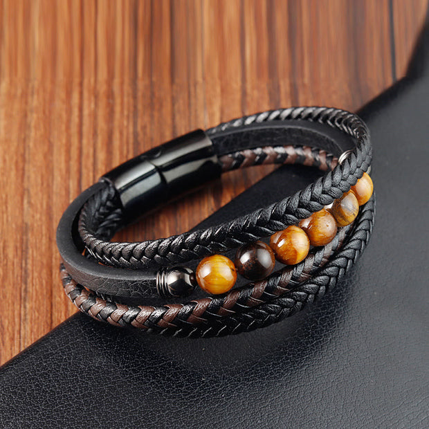 Buddha Stones Tiger Eye Stone Protection Leather Bracelet Bracelet BS 1