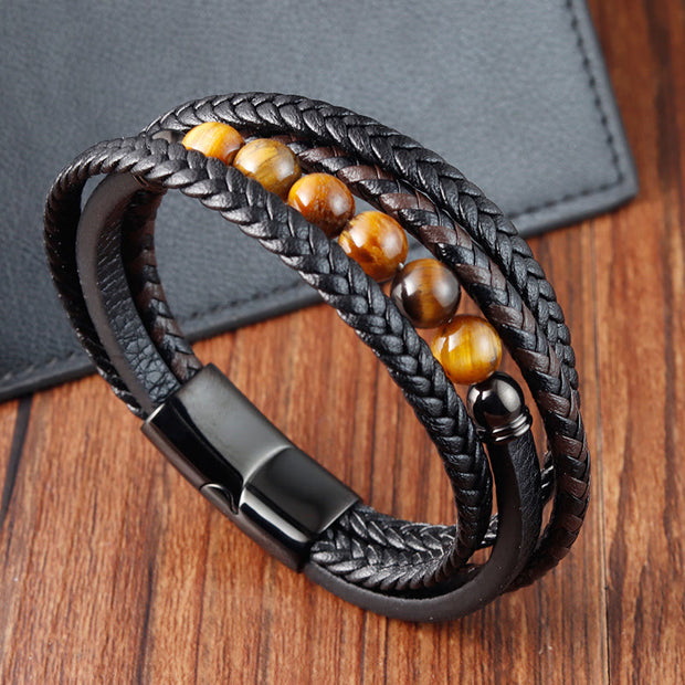 Buddha Stones Tiger Eye Stone Protection Leather Bracelet Bracelet BS 7