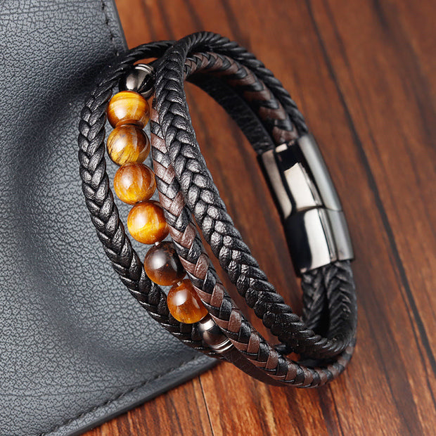 Buddha Stones Tiger Eye Stone Protection Leather Bracelet Bracelet BS Tiger Eye(Wrist Circumference: 18-20cm)