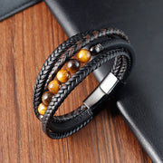 Buddha Stones Tiger Eye Stone Protection Leather Bracelet