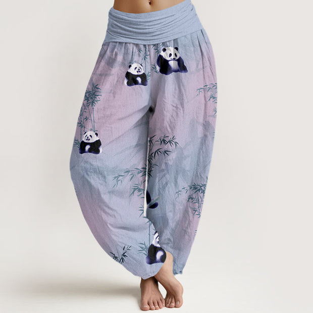 Buddha Stones Panda Bamboo Pattern Women's Elastic Waist Harem Pants Women's Harem Pants BS CornflowerBlue US22，UK/AU26，EU54 (6XL)