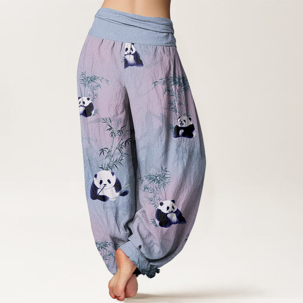 Buddha Stones Panda Bamboo Pattern Women's Elastic Waist Harem Pants Women's Harem Pants BS 9