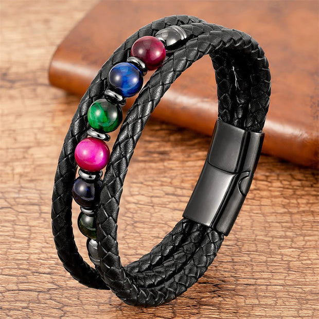 Buddha Stones Tiger Eye Lava Rock Hematite Black Onyx Bead Positive Leather Bracelet Bracelet BS Multi-Color Tiger Eye 18-22cm