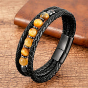 Buddha Stones Tiger Eye Lava Rock Hematite Black Onyx Bead Positive Leather Bracelet