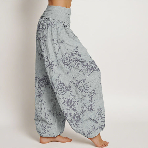 Buddha Stones Flowers Pattern Women's Elastic Waist Harem Pants Women's Harem Pants BS 1