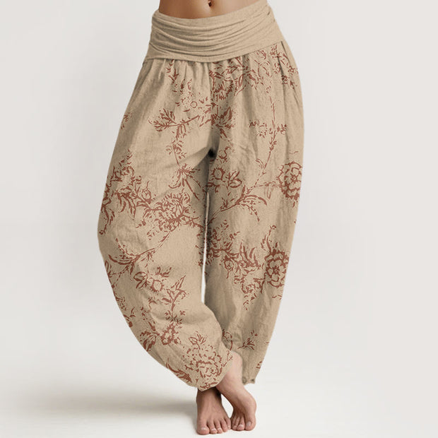 Buddha Stones Flowers Pattern Women's Elastic Waist Harem Pants Women's Harem Pants BS Khaki US22，UK/AU26，EU54 (6XL)