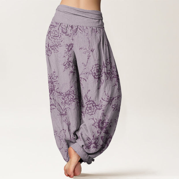 Buddha Stones Flowers Pattern Women's Elastic Waist Harem Pants Women's Harem Pants BS 9