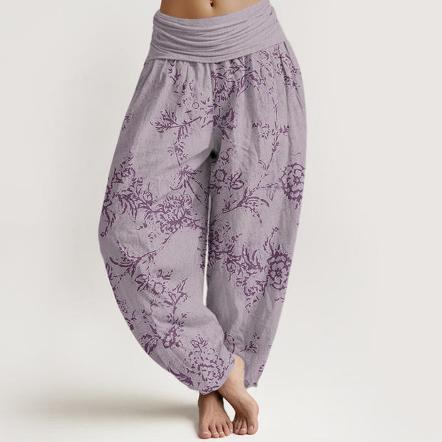 Buddha Stones Flowers Pattern Women's Elastic Waist Harem Pants Women's Harem Pants BS Plum US22，UK/AU26，EU54 (6XL)