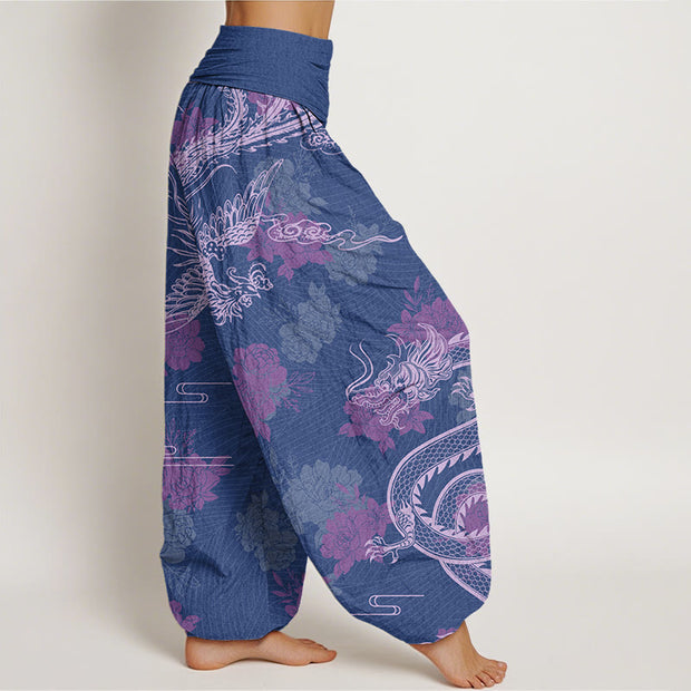 Buddha Stones Dragons Roses Auspicious Clouds Phoenix Women's Elastic Waist Harem Pants Women's Harem Pants BS 1