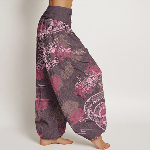 Buddha Stones Dragons Roses Auspicious Clouds Phoenix Women's Elastic Waist Harem Pants Women's Harem Pants BS 5