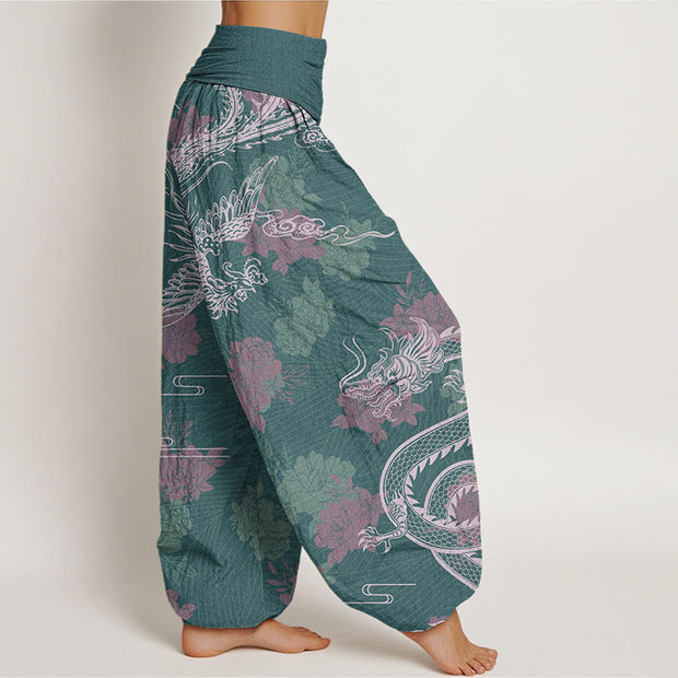 Buddha Stones Dragons Roses Auspicious Clouds Phoenix Women's Elastic Waist Harem Pants Women's Harem Pants BS 8