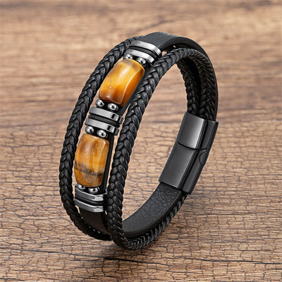 Buddha Stones Tiger Eye Stone Courage Willpower Multi-layer Leather Bracelet Bracelet BS Yellow Tiger Eye 18-22cm