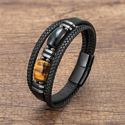 Buddha Stones Tiger Eye Stone Courage Willpower Multi-layer Leather Bracelet Bracelet BS Yellow-Black Tiger Eye 18-22cm