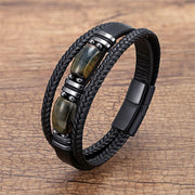 Buddha Stones Tiger Eye Stone Courage Willpower Multi-layer Leather Bracelet Bracelet BS Black-Yellow Tiger Eye 18-22cm