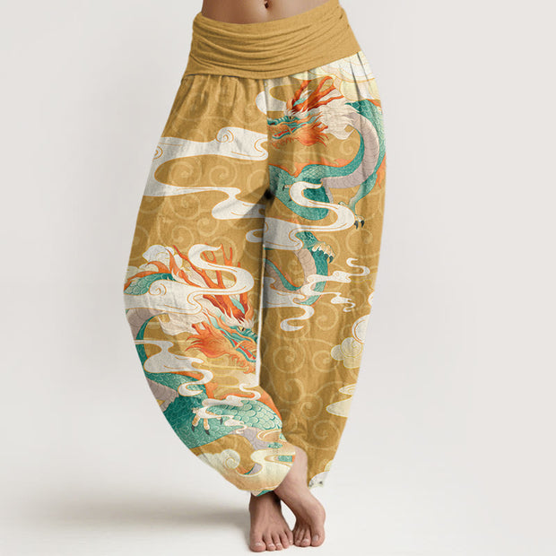 Buddha Stones Variant Dragon White Auspicious Clouds Women's Elastic Waist Harem Pants