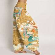 Buddha Stones Variant Dragon White Auspicious Clouds Women's Elastic Waist Harem Pants