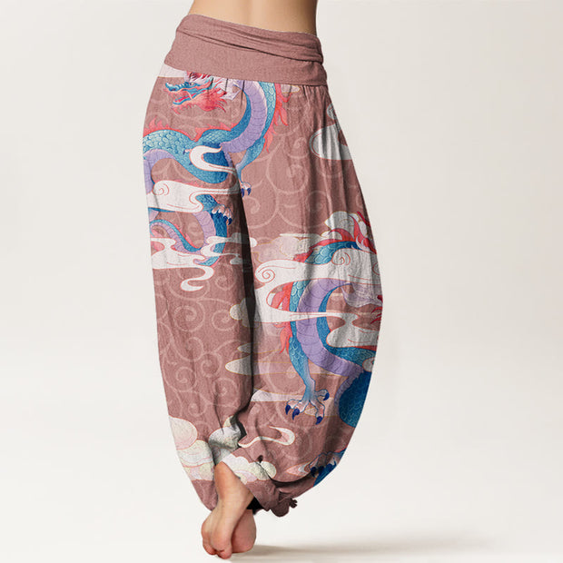 Buddha Stones Variant Dragon White Auspicious Clouds Women's Elastic Waist Harem Pants