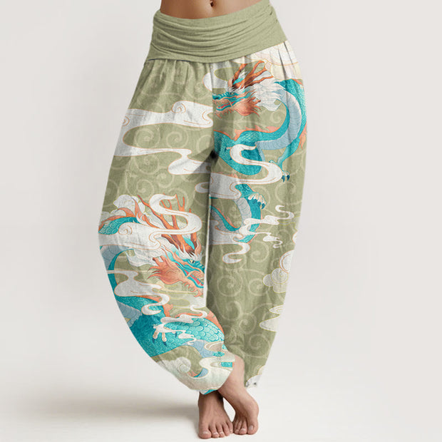 Buddha Stones Vibrant Dragon White Auspicious Clouds Women's Elastic Waist Harem Pants Women's Harem Pants BS LightGreen US22，UK/AU26，EU54 (6XL)