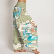 Buddha Stones Variant Dragon White Auspicious Clouds Women's Elastic Waist Harem Pants