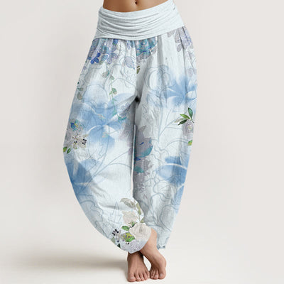 Buddha Stones Various Flowers Leaves Pattern Women's Elastic Waist Harem Pants Women's Harem Pants BS LightCyan US22，UK/AU26，EU54 (6XL)