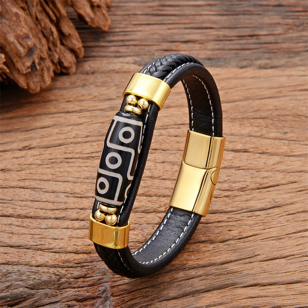 Buddha Stones Tibetan Nine-Eye Dzi Bead Wealth Leather Buckle Bracelet Bracelet BS Gold 18-22cm