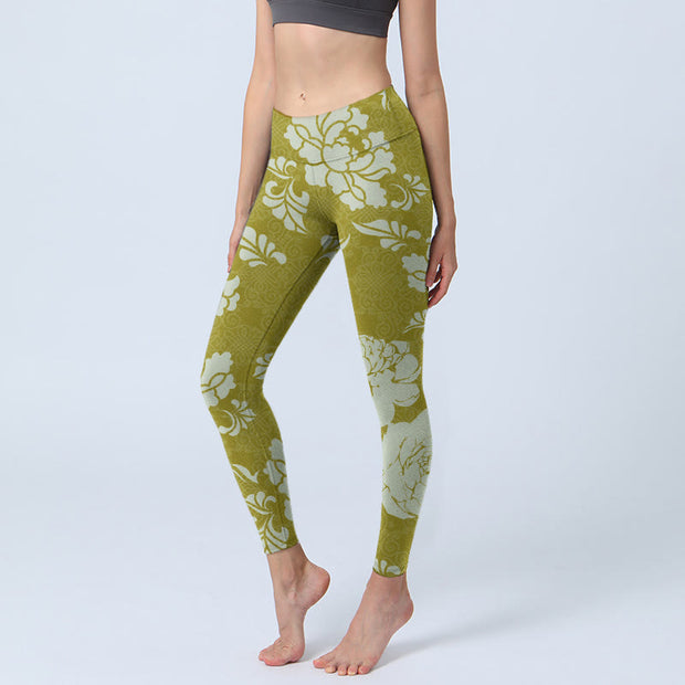 Buddha Stones Monochrome Flowers Print Gym Leggings Women's Yoga Pants - YellowGreen - US18，UK/AU22，EU50 (4XL) - image 1