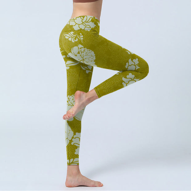 Buddha Stones Monochrome Flowers Print Gym Leggings Women's Yoga Pants Leggings BS 3