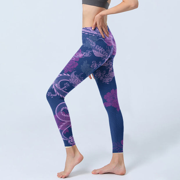 Buddha Stones Purple Dragon Phoenix Flowers Print Gym Leggings Women's Yoga Pants - image 3
