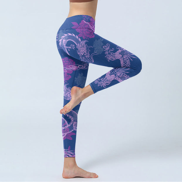 Buddha Stones Purple Dragon Phoenix Flowers Print Gym Leggings Women's Yoga Pants - image 4