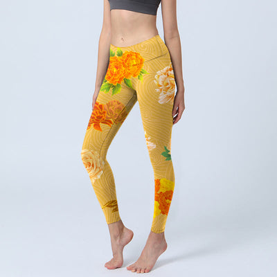 Buddha Stones Vibrant Rose Flowers Print Gym Leggings Women's Yoga Pants - Gold - US18，UK/AU22，EU50 (4XL) - image 1