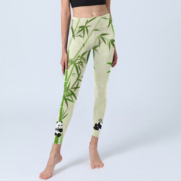 Buddha Stones Lush Bamboo Panda Auspicious Cloud Waves Print Gym Leggings Women's Yoga Pants