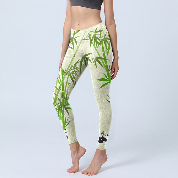 Buddha Stones Lush Bamboo Panda Auspicious Cloud Waves Print Gym Leggings Women's Yoga Pants - PaleGreen - US18，UK/AU22，EU50 (4XL) - image 1