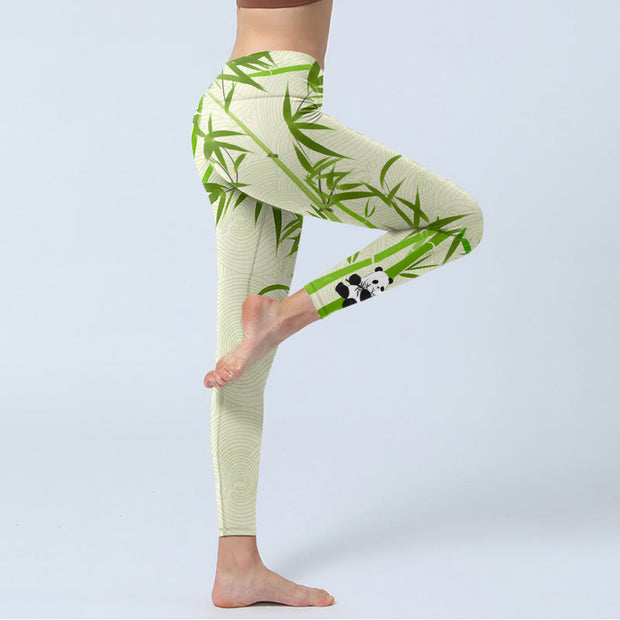 Buddha Stones Lush Bamboo Panda Auspicious Cloud Waves Print Gym Leggings Women's Yoga Pants