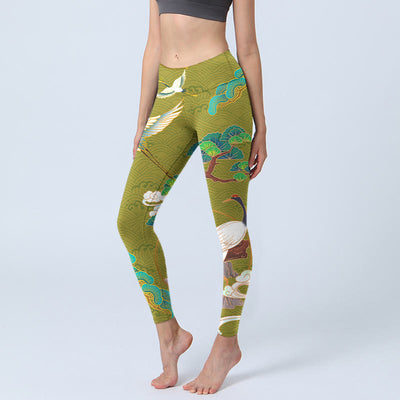 Buddha Stones Flying Cranes Auspicious Clouds Trees Print Gym Leggings Women's Yoga Pants - OliveDrab - US18，UK/AU22，EU50 (4XL) - image 1
