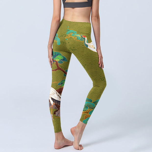 Buddha Stones Flying Cranes Auspicious Clouds Trees Print Gym Leggings Women's Yoga Pants - image 5