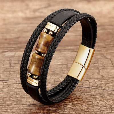 Buddha Stones Tiger Eye Bamboo Stone Integrity Courage Multi-layer Leather Bracelet Bracelet BS Yellow Tiger Eye 18-22cm